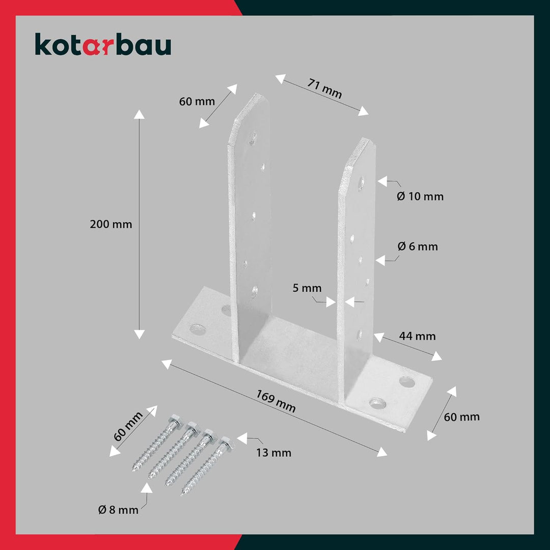 KOTARBAU® 2 Stk. Pfostenträger 70 mm TT Feuerverzinkt Stahl Pfostenträger zum Aufdübeln Betonanker f