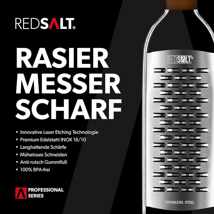 REDSALT® Premium 2-Wege Reibe mit Holzgriff | rasiermesserscharfe Profi Edelstahl Reibe für feine Ge