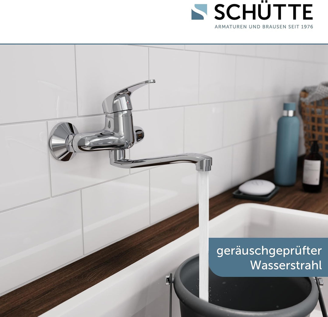 SCHÜTTE 36760 ORAZI Wandwasserhahn Chrom, Wand-Spültischarmatur 360°, ideal für Doppelspülbecken, Wa
