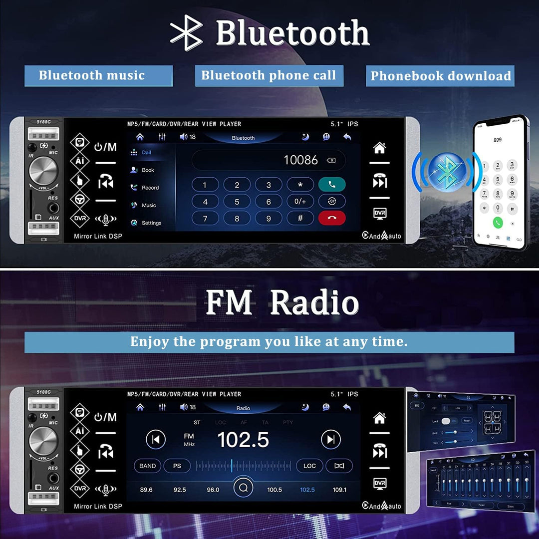 CAMECHO Autoradio 1 Din mit Carplay,5,1 Zoll Bildschirm MP5 Player mit Andorid Auto/Bluetooth Freisp
