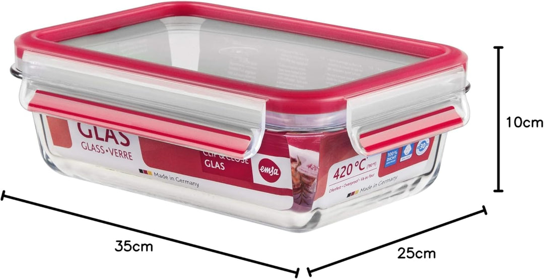 Emsa 516244 Clip & Close Glas Frischhaltedose | 0,7 L | Rechteckig | 100% Dicht | Geeigent für Backo