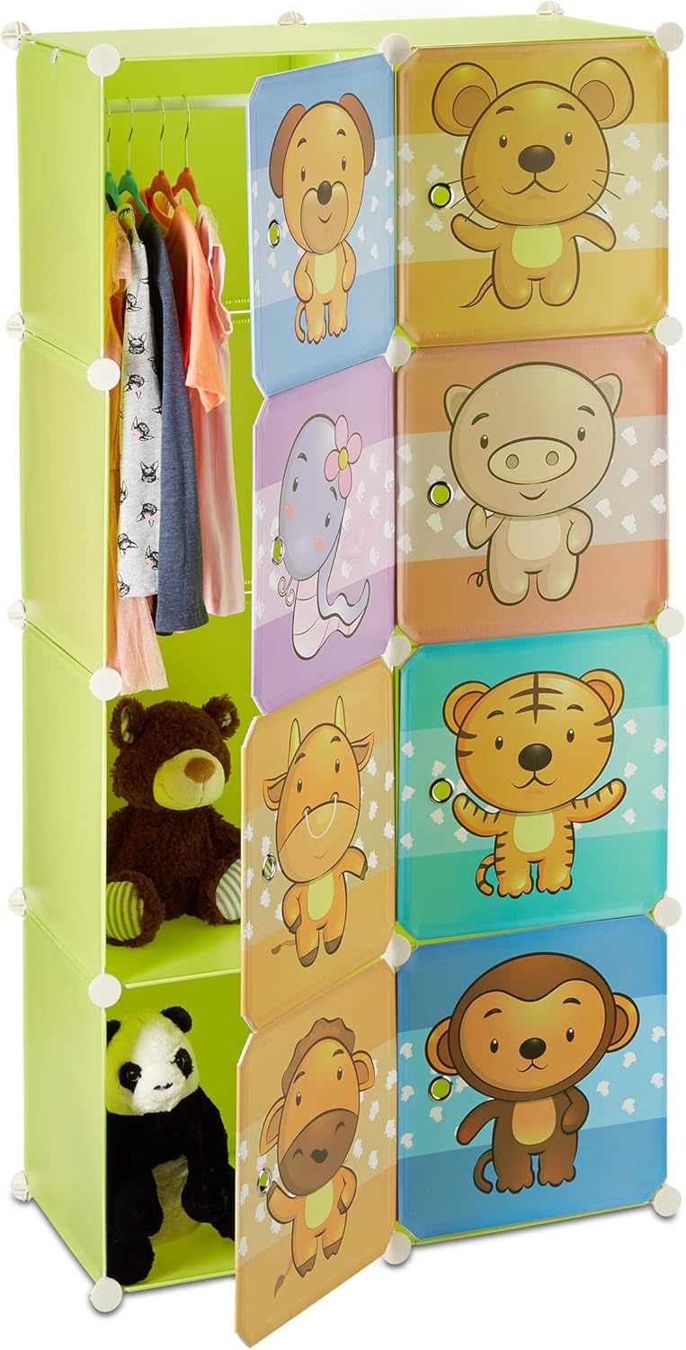 Relaxdays Kinderregal mit Tiermotiv, Kunststoff Steckregal m. Türen, Kinderzimmer Kleiderschrank m.