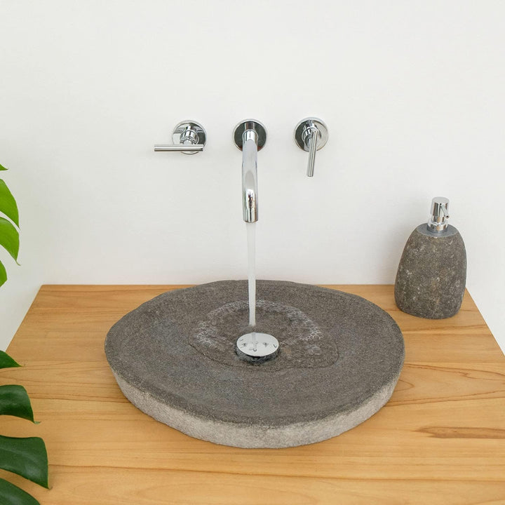 40 cm rund Naturstein Waschbecken grau von WOHNFREUDEN - Unikat Auswahl Stein Aufsatzwaschbecken Nat