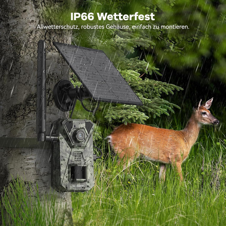 DEATTI 4G LTE Wildkamera mit Handyübertragung APP, 2.7K Solar Wildkamera mit SIM Karte, PIR Bewegung