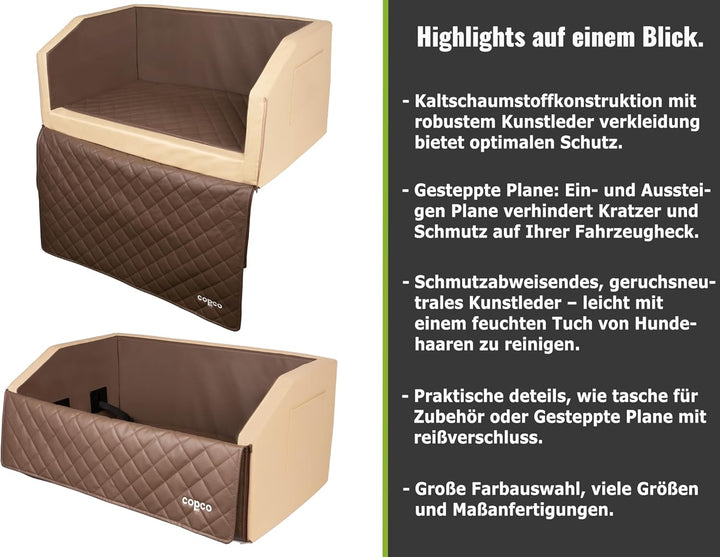 CopcoPet - Travel Bed Hundebett für Kofferraum Auto 70x55x38cm Kunstleder - Anschnallsystem Kofferra
