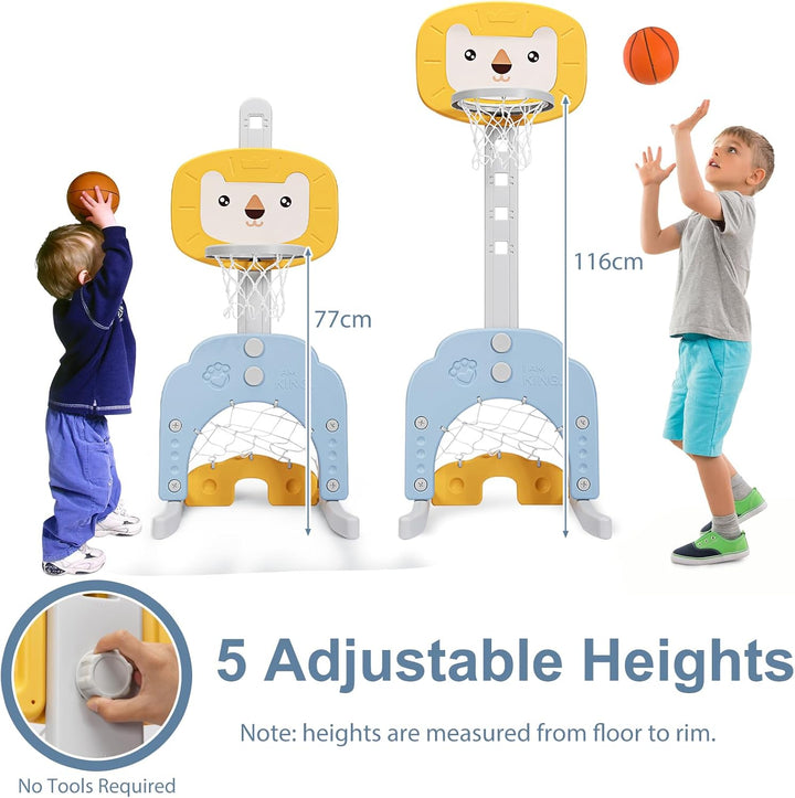 HOMASIS 3 in 1 Kinder Basketballkorb Set, multifunktionaler Basketballständer mit Fussballtor & Golf