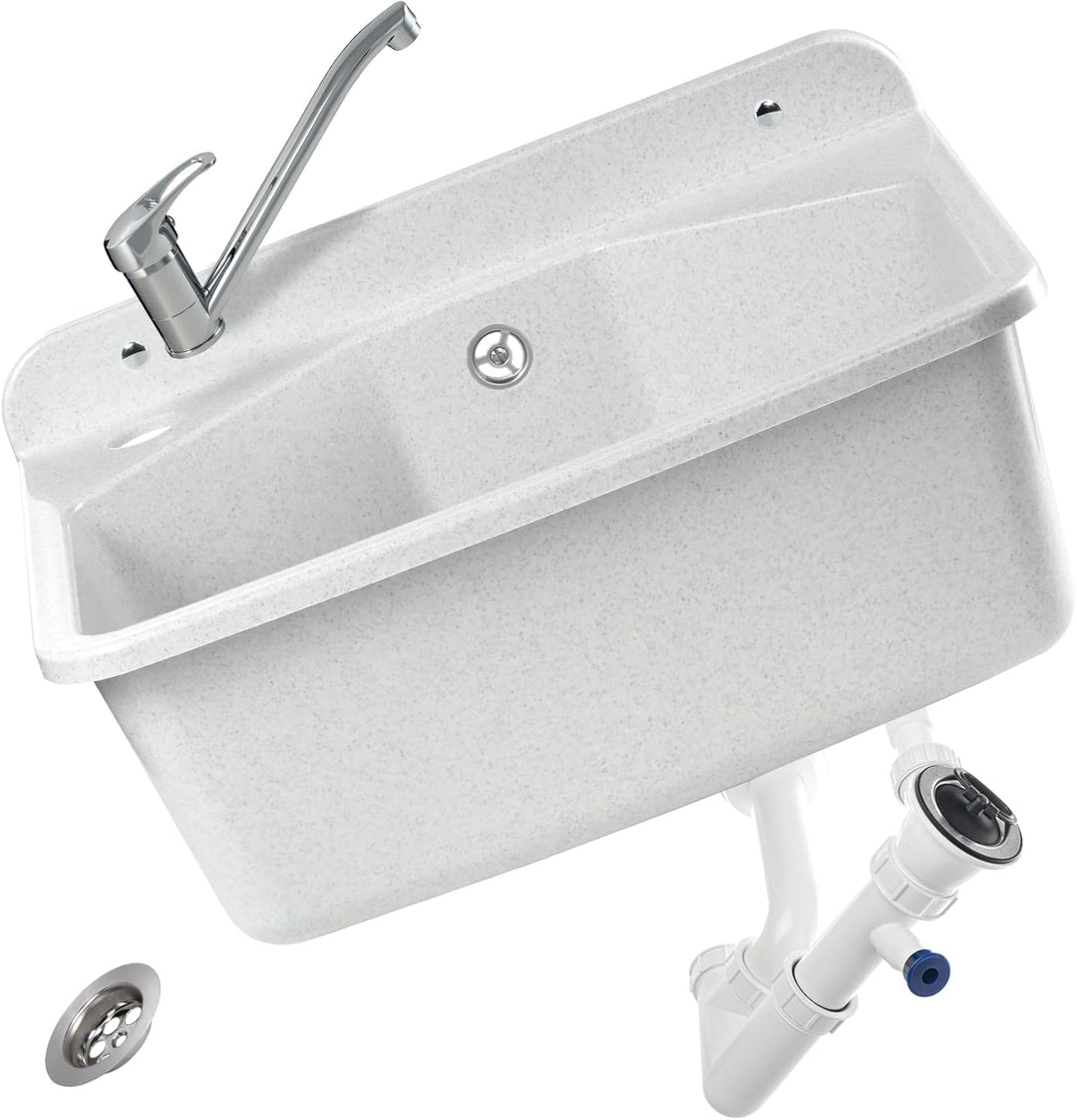 gospo Ausgussbecken mit Armatur, Siphon, 46 x 37 x 20 cm, Waschbecken aus Kunststoff, Waschtrog für