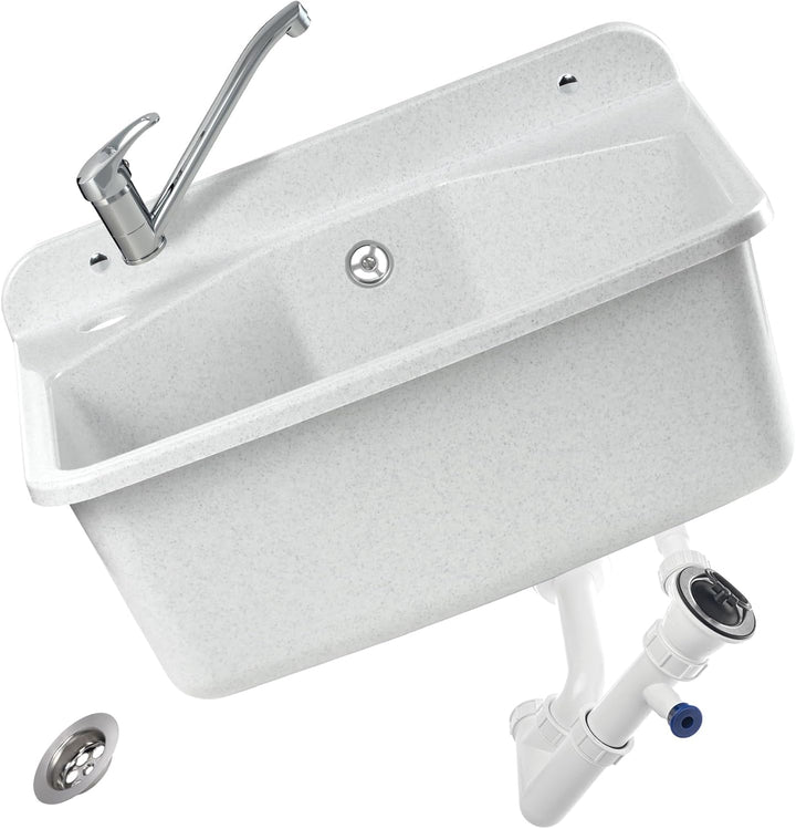 gospo Ausgussbecken mit Armatur, Siphon, 46 x 37 x 20 cm, Waschbecken aus Kunststoff, Waschtrog für