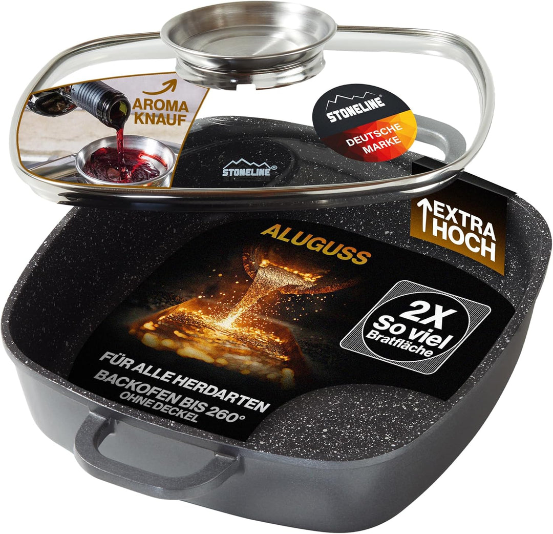 Stoneline Eckpfanne, 24x24 cm, mit Aroma Glasdeckel, Induktion, Aluminium, antihaft beschichtet mit