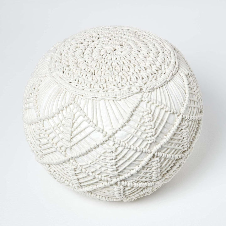 Homescapes Häkel-Pouf, Natur, rundes Bodenkissen 35 x 40 cm in Boho Style, dekorativer Fusshocker in