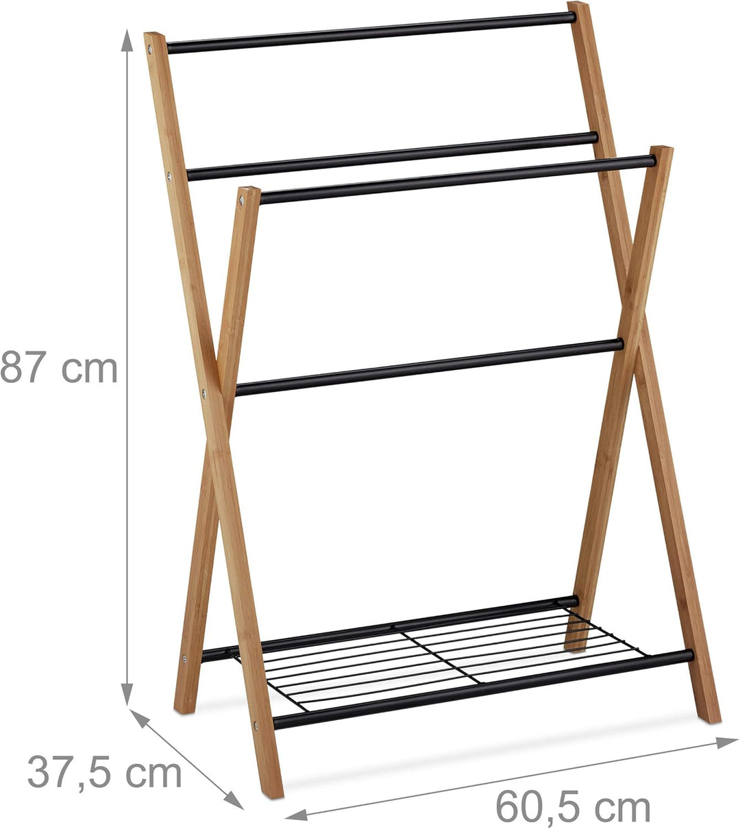 Relaxdays Handtuchhalter stehend, 4 Handtuchstangen, Badablage, Metall, Bambus, HBT 87 x 60,5 x 37,5