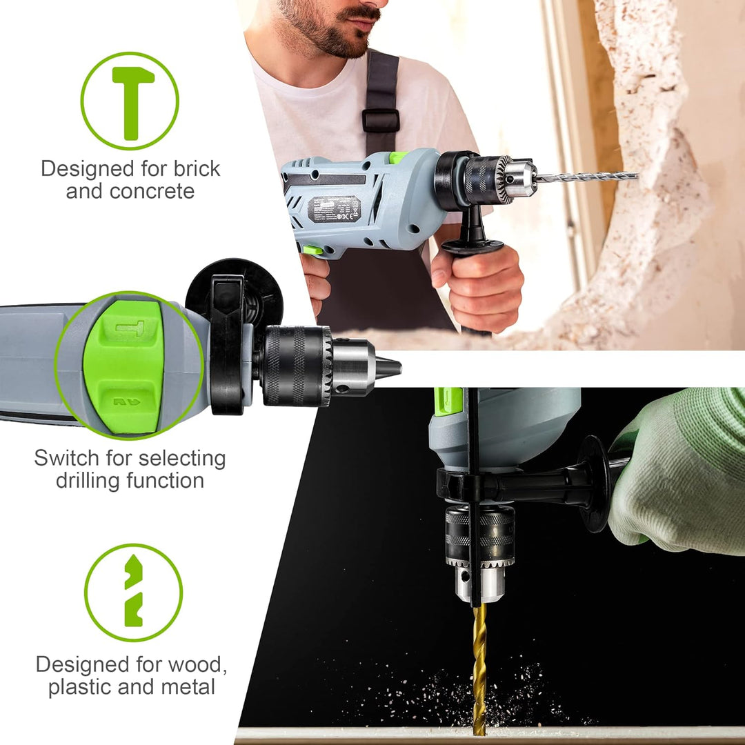 WORKPRO Schlagbohrmaschine 850W, Bohrmaschine 3000RPM, 2 in 1 Hammer und Bohrer mit 360° Drehgriff,