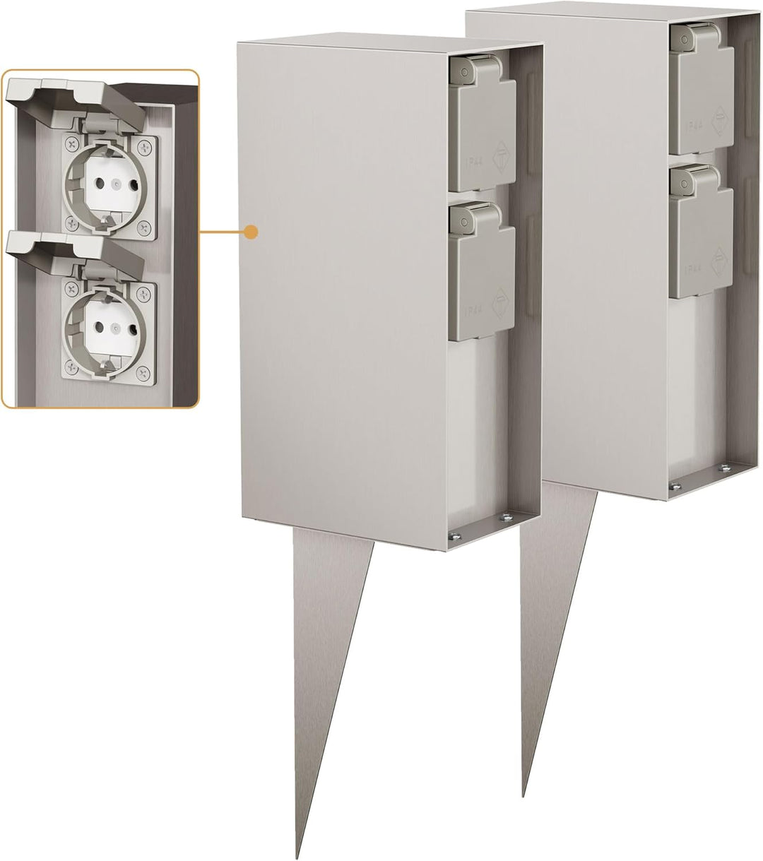 ledscom.de Gartensteckdose POMI mit Erdspiess, Outdoor, IP44, 4-fach, edelstahl, eckig, 23cm, 2 Stk.