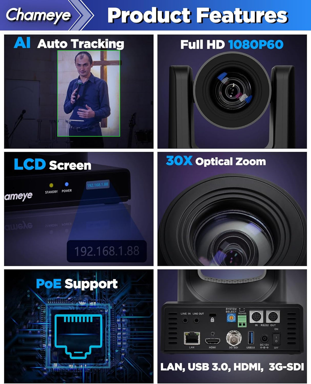 Chameye HDMI PTZ Camera 30x Optical Zoom AI Auto Tracking PTZ Camera with LCD Display, HDMI 3G-SDI I