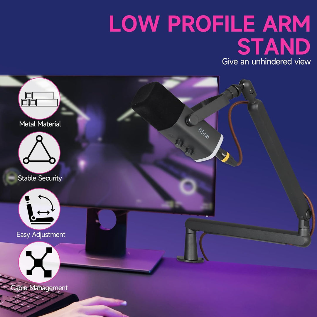 FIFINE Mikrofon Arm, flach einstellbarer Stangen Mikrofon Ständer mit Mikrofonclip, Schraubenadapter