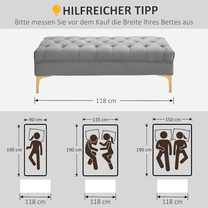 HOMCOM Sitzbank, Bettbank, Schuhbank mit erhöhten Beine, Schlafzimmer, Samt Hellgrau 118 x 45 x 42 c