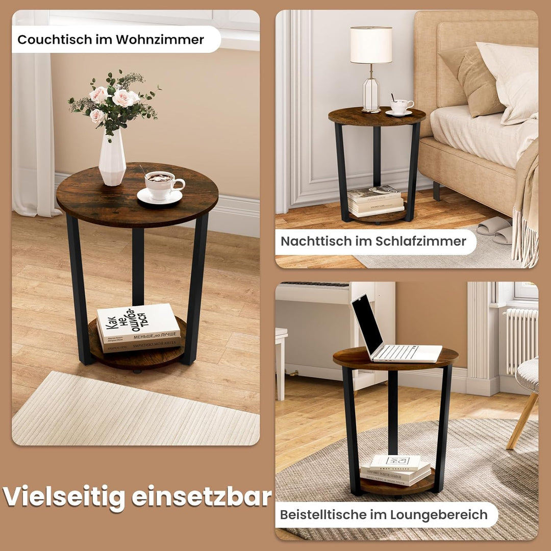 WOLTU Couchtisch rund, Beistelltisch modern, Wohnzimmertisch klein, Sofatisch mit 2 Ablagen, Wohnzim