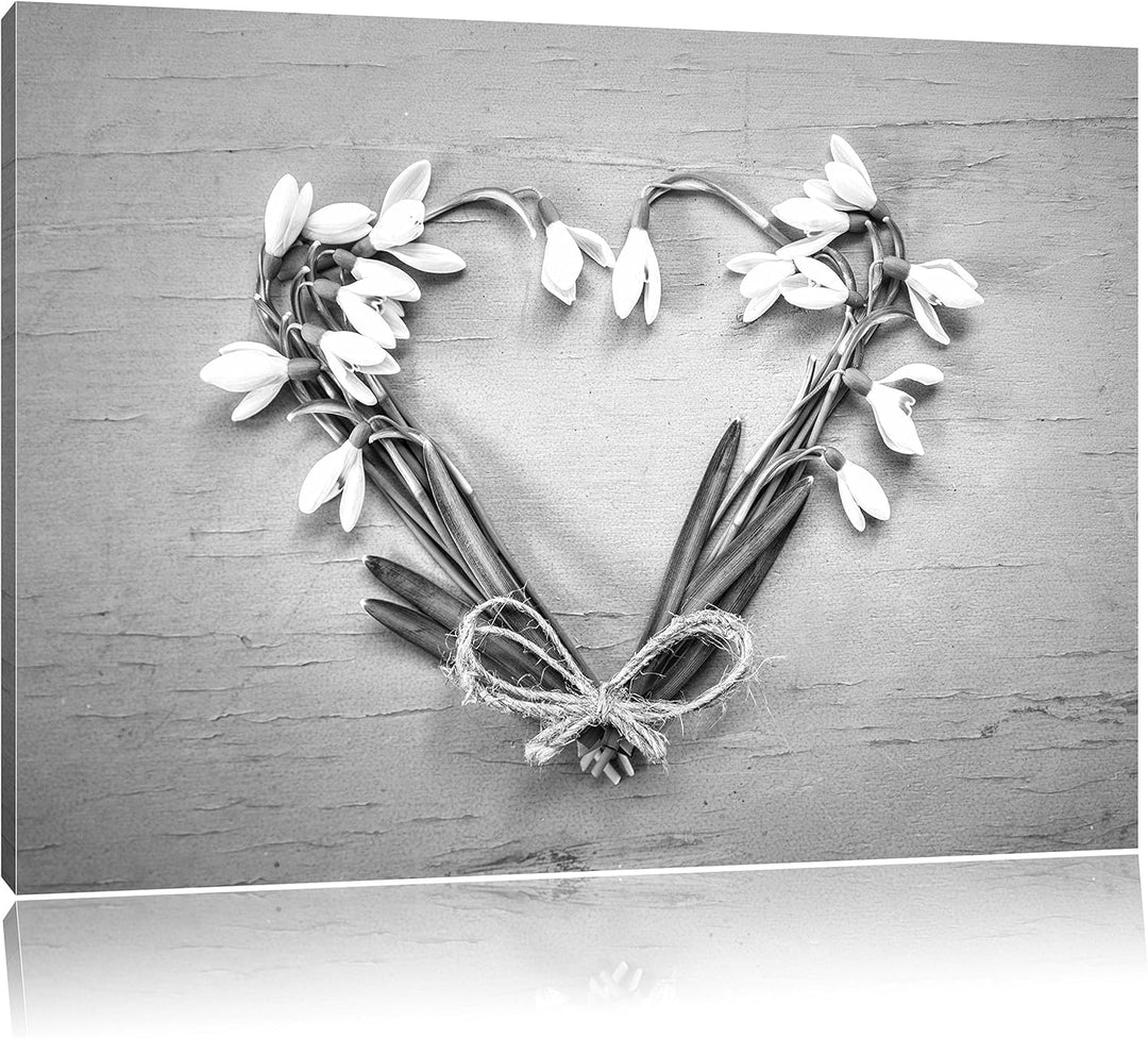 Herz aus Blumen Kunst B&W, Format: 100x70 auf Leinwand, XXL riesige Bilder fertig gerahmt mit Keilra