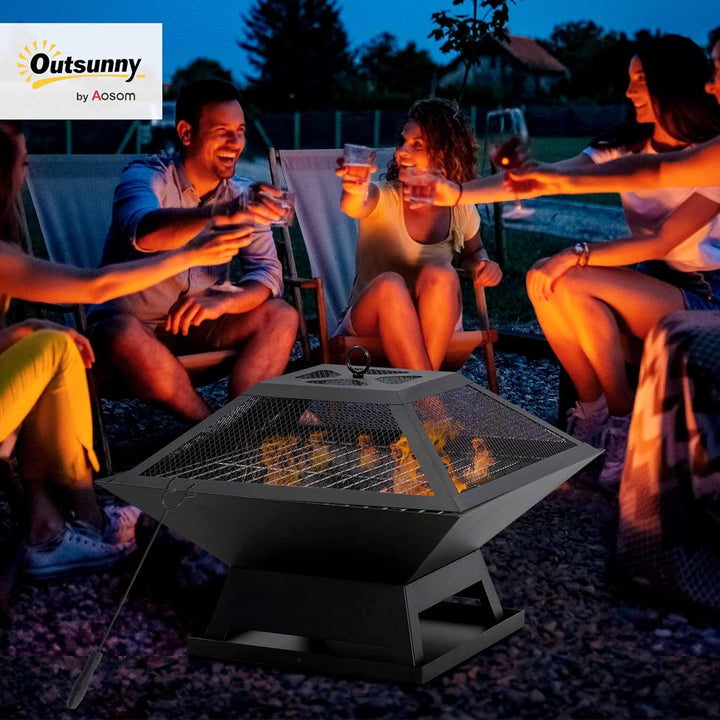 Outsunny Feuerschale mit Funkenschutz Grillrost Schürhaken Feuerkorb Feuerstelle für Garten Camping