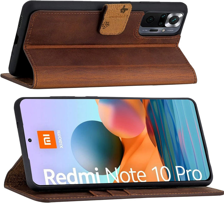 Suncase Book-Style Hülle kompatibel mit Xiaomi Redmi Note 10 Pro Leder Tasche (Slim-Fit) Lederhülle