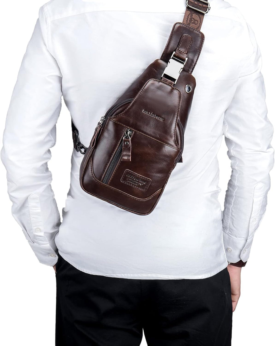 LOONGYOON Herrenbrusttasche aus Leder Umhängetasche mit Kopfhöreröffnung Studie über Sportreisen Mul