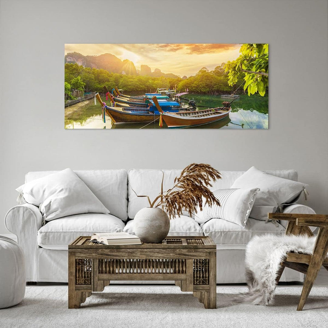 Wandbilder Dekoration Wohnzimmer Berge Boot Wasser Panorama Bilder auf Leinwand 120x50cm Leinwandbil