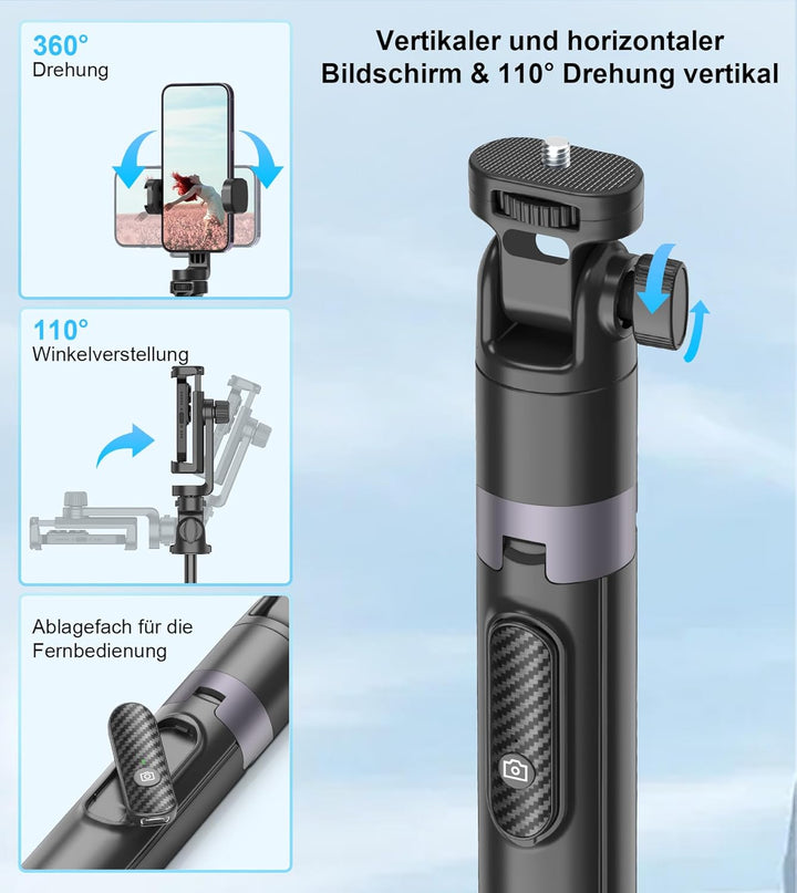 Gahenwo 173cm Selfie Stick Stativ, Einbeinstativ Tripod für Action-Kamera, All-in-1 Handy Stativ mit