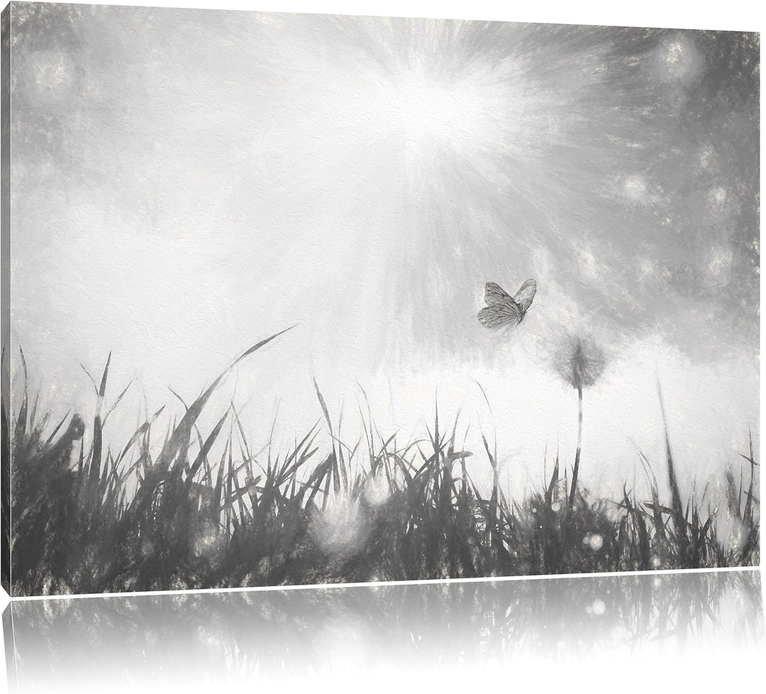 Pixxprint zarter Schmetterling fliegt zu Pusteblume Kunst Kohle Effekt, Format: 100x70 auf Leinwand,