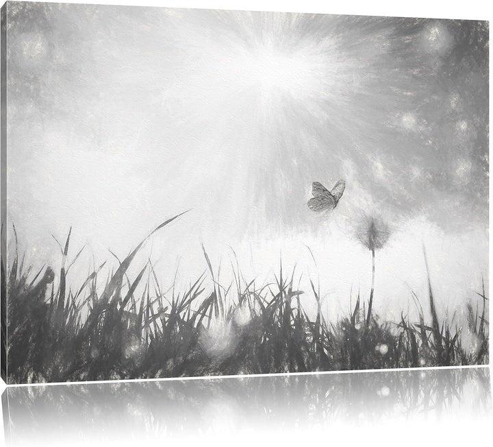 Pixxprint zarter Schmetterling fliegt zu Pusteblume Kunst Kohle Effekt, Format: 100x70 auf Leinwand,