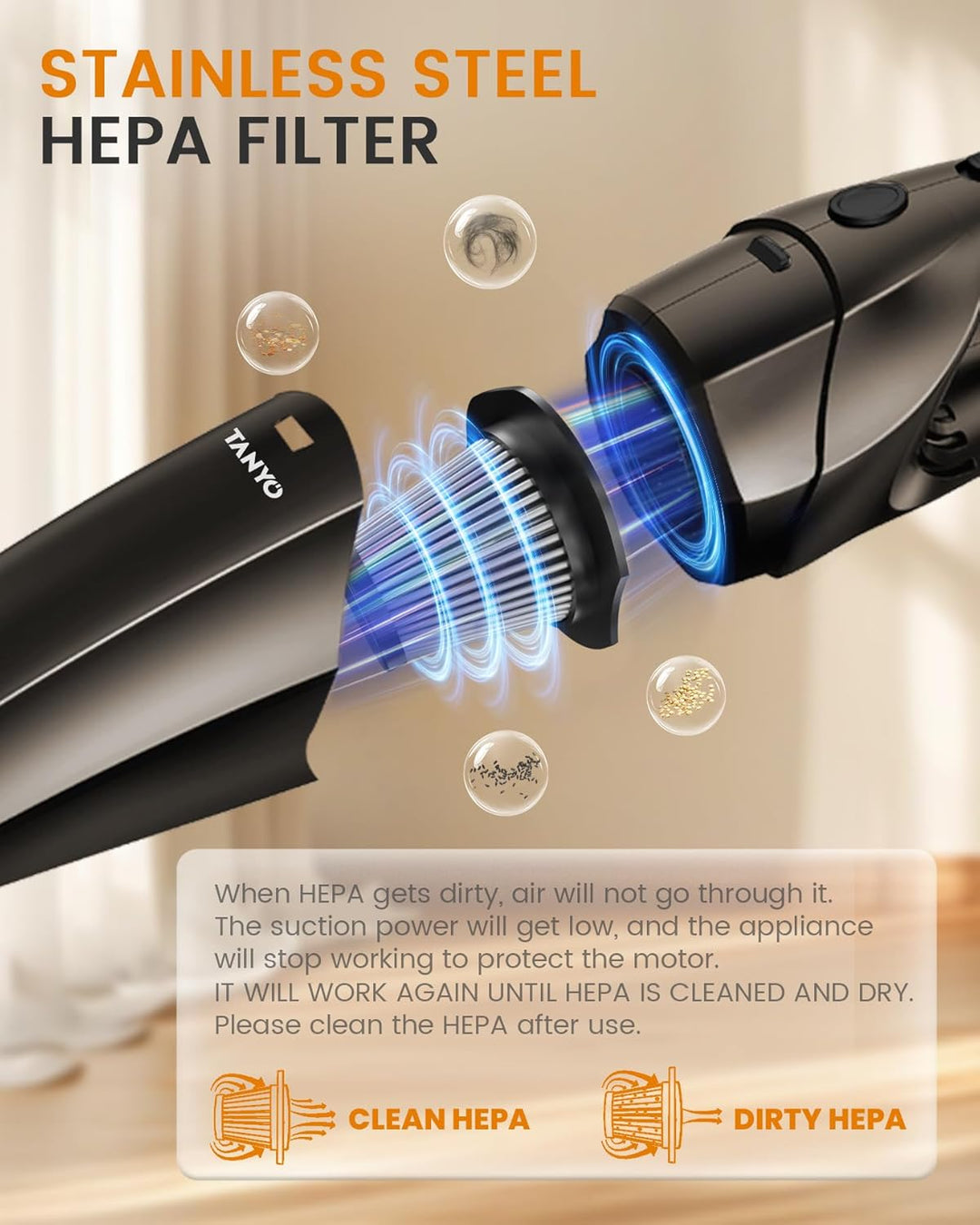 TANYO Handstaubsauger Akku, 12000Pa Kabellos Tragbar Handstaubsauger mit Waschbar HEPA-Filter, Mini