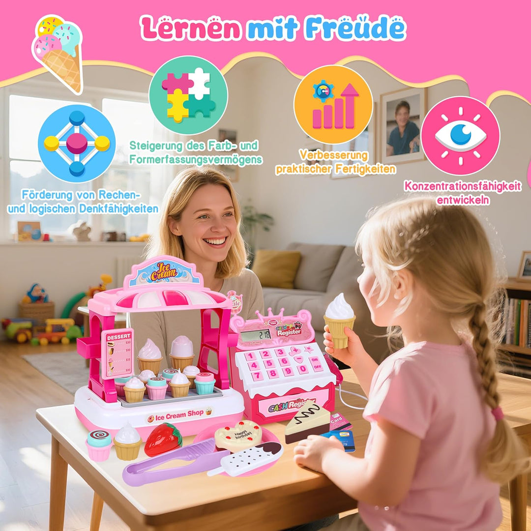 Charmofun Kasse Spielzeug mit Eisdiele für Kinder - inkl. 48 Zubehör (15 Eiscreme, 5 Kuchen, 7 Beste