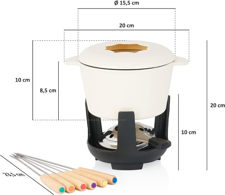 BBQ-Toro Gusseisen Fondue Set für 6 Personen | 1 Liter | Fondueset 13 teilig mit Brenner und Gabeln