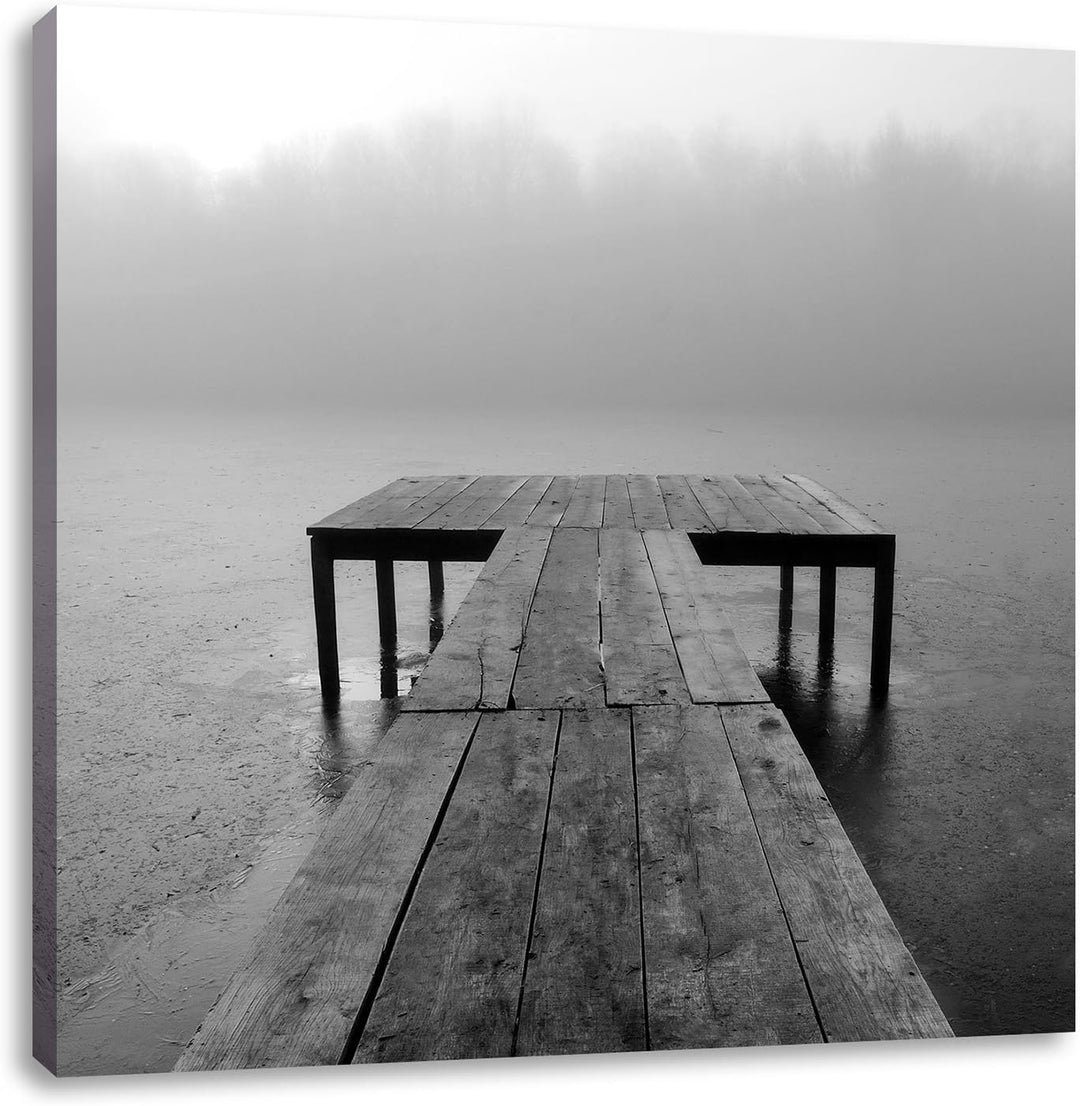 Steg am See Nebel, Format: 70x70 auf Leinwand, XXL riesige Bilder fertig gerahmt mit Keilrahmen, Kun