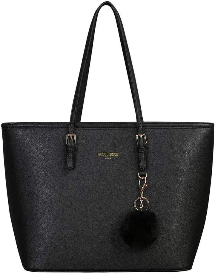 URAQT Damen Handtasche Schwarz, Shopper Handtasche Leder Tasche, Gross, für Büro Schule Einkauf mit