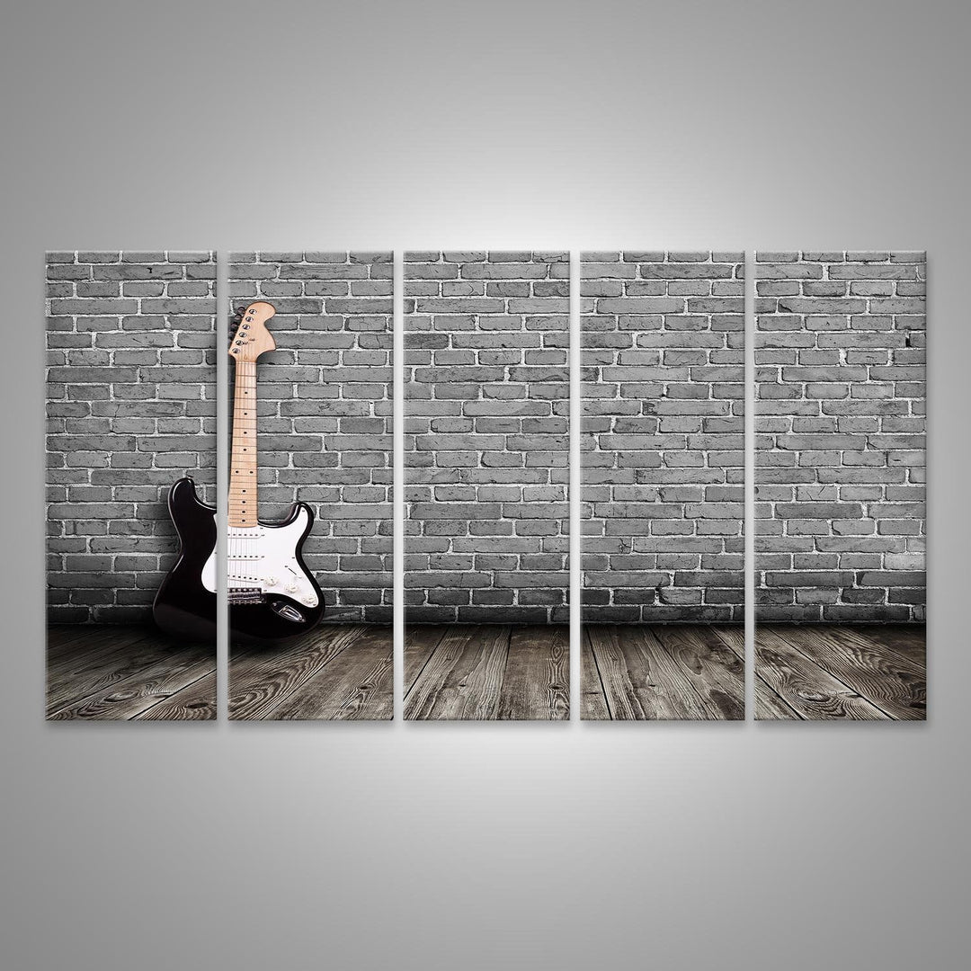islandburner Bild auf Leinwand E Gitarre Auf Holzboden Vor Steinwand Bilder Wandbilder Poster Leinwa