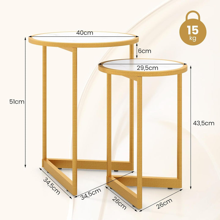 COSTWAY 2er Set Couchtisch mit Marmoroptik, Beistelltisch Holz mit goldfarbenem Metallbeinen, Kaffee