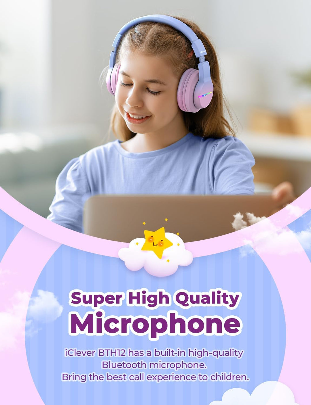 iClever Bluetooth Kinder Kopfhörer, Farbige LED-Leuchten, Kinderkopfhörer Over-Ear mit 74/85dBA Laut