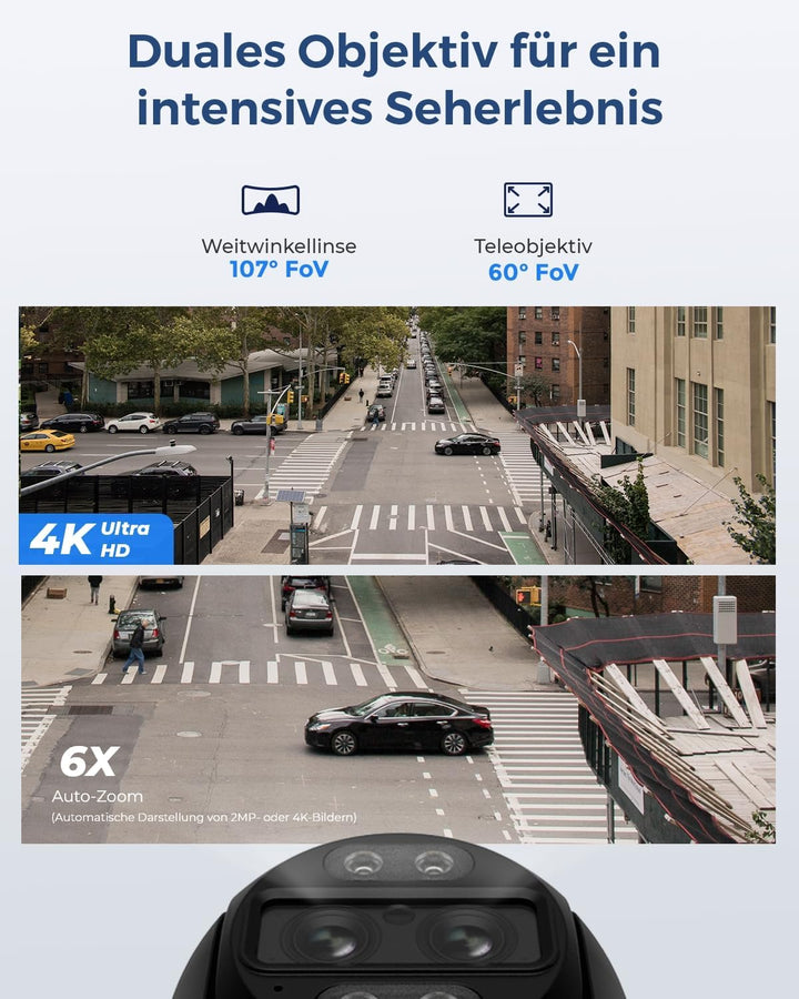 Reolink 4K 8MP PTZ PoE Überwachungskamera Aussen mit Dual-Objektiv, 6X Hybridzoom, 355°/90° Schwenkb