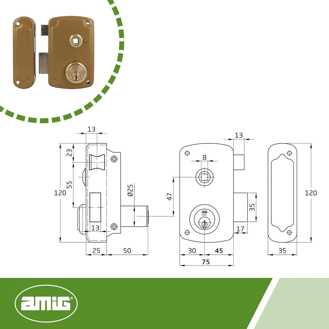 Amig - Überfüllschloss links mit Schliesshebel und Zunge für Holztüren Mod. 75UN | 76 x 120 mm | Sic