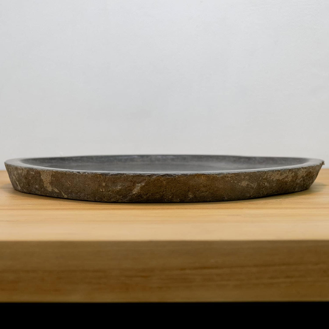 wohnfreuden Naturstein Tablett grau rund 40 cm - Steintablett innen poliert Dekoration Steinschale