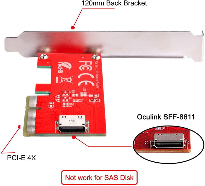 Cablecc PCI-E 3.0 Express 4.0 x4 zu Oculink Interner SFF-8612 SFF-8611 Host-Adapter für PCIe SSD mit