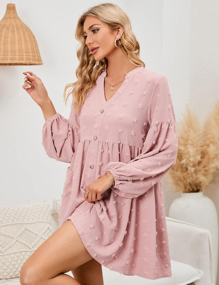 KOJOOIN Damen Tunika Kleid Langarm Swing Kleid kurz V-Ausschnitt Knopfleiste Blusenkleid Swiss Dot C