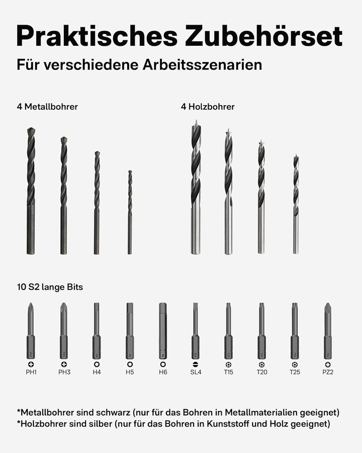 HOTO bürstenloser Bohrschrauber, 12V Akkuschrauber mit LED Bildschirm, 2 Modi max. 30 Nm mit 30 Dreh