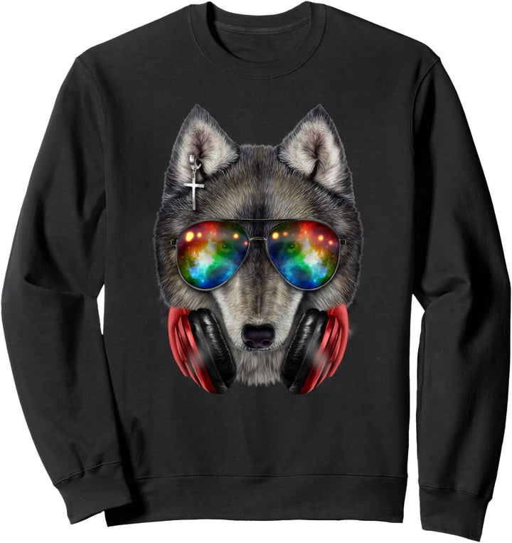 Grauer Wolf, die Raumsonnenbrille und Kopfhörer trägt Sweatshirt