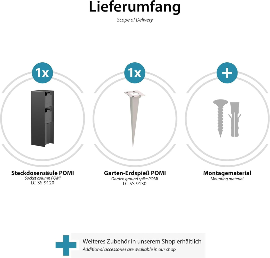 ledscom.de Aussensteckdose POMI mit Erdspiess, wetterfest, IP44, 2-fach, schwarz, eckig, 23cm, 3 Stk