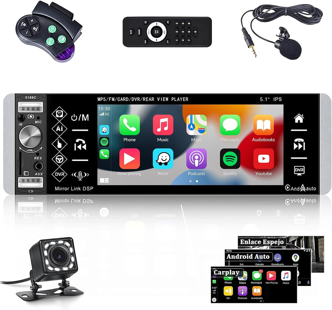 CAMECHO Autoradio 1 Din mit Carplay,5,1 Zoll Bildschirm MP5 Player mit Andorid Auto/Bluetooth Freisp