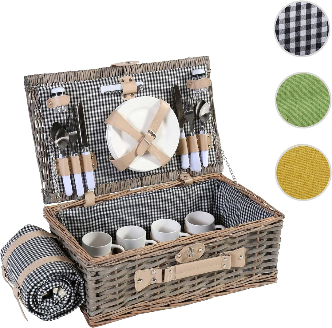 Mendler Picknickkorb-Set HWC-B24AM für 4 Personen, Weiden-Korb, Porzellan Edelstahl - schwarz-weiss,