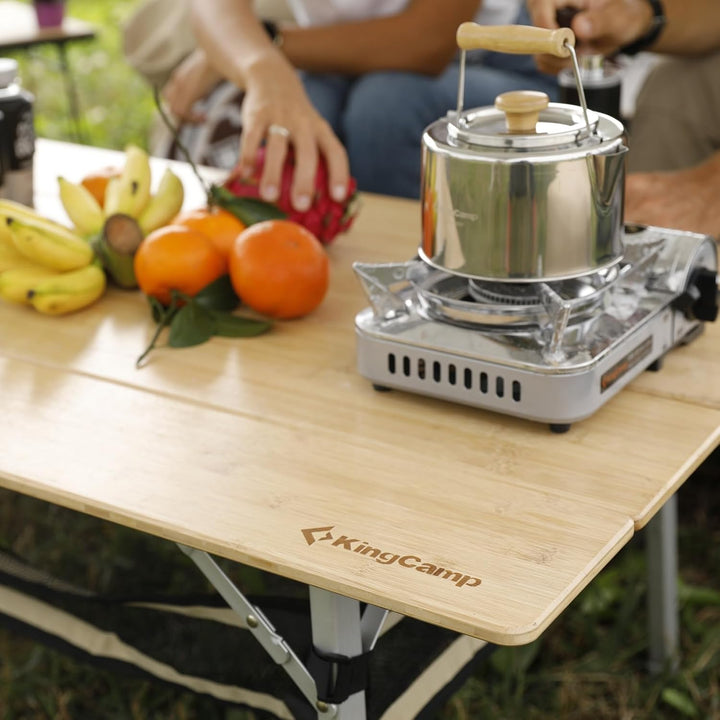 KingCamp Falten Bambus Campingtisch Klapptisch Verstellbare Höhe Aluminiumrahmen für Outdoor Camping
