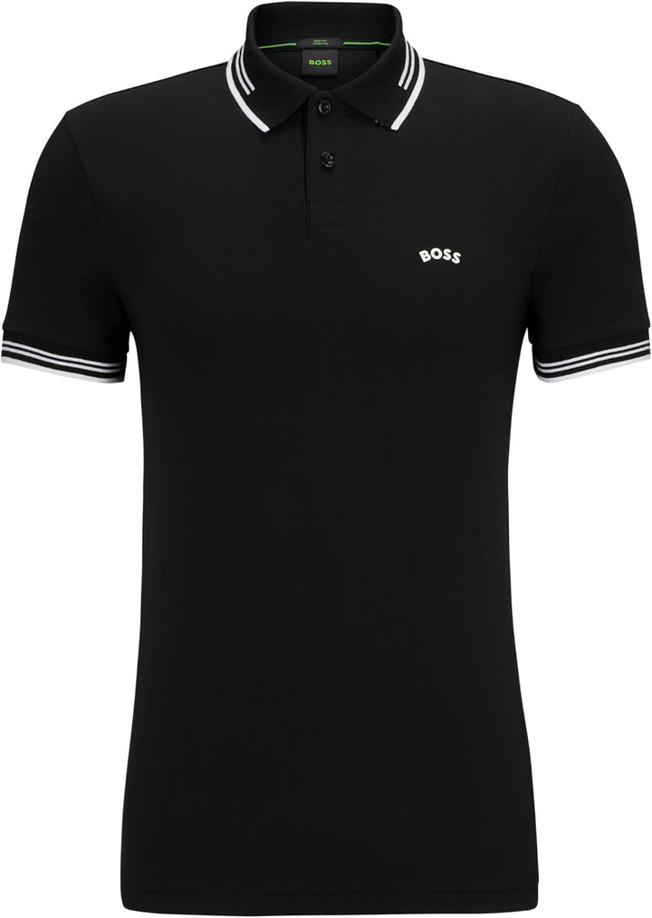 BOSS Herren Paul Curved Slim-Fit Poloshirt aus Stretch-Baumwolle mit geschwungenem Logo Schwarz S