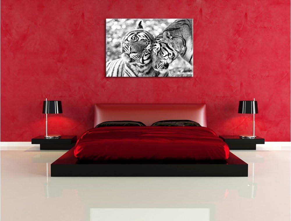 Pixxprint Zwei liebkosende Tiger Kunst B&W, Format: 100x70 auf Leinwand, 100x70